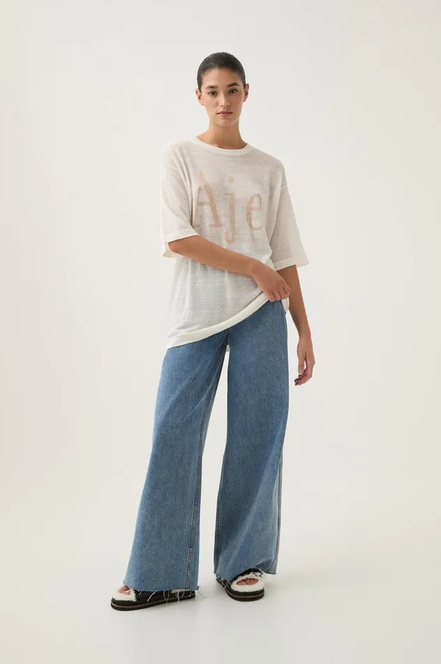 Elvira Oversized Linen Tee Ivorybeige Logo Women Aje Tees