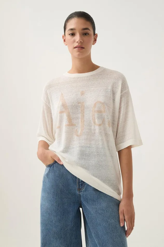 Elvira Oversized Linen Tee Ivorybeige Logo Women Aje Tees Elvira Oversized Linen Tee Ivorybeige Logo Women Aje Tees