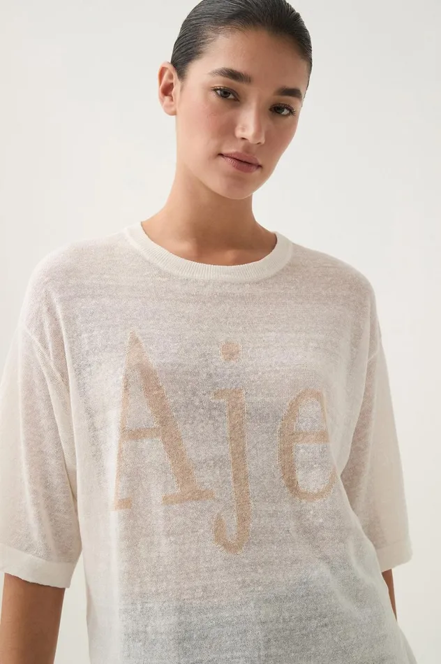 Elvira Oversized Linen Tee Ivorybeige Logo Women Aje Tees Elvira Oversized Linen Tee Ivorybeige Logo Women Aje Tees