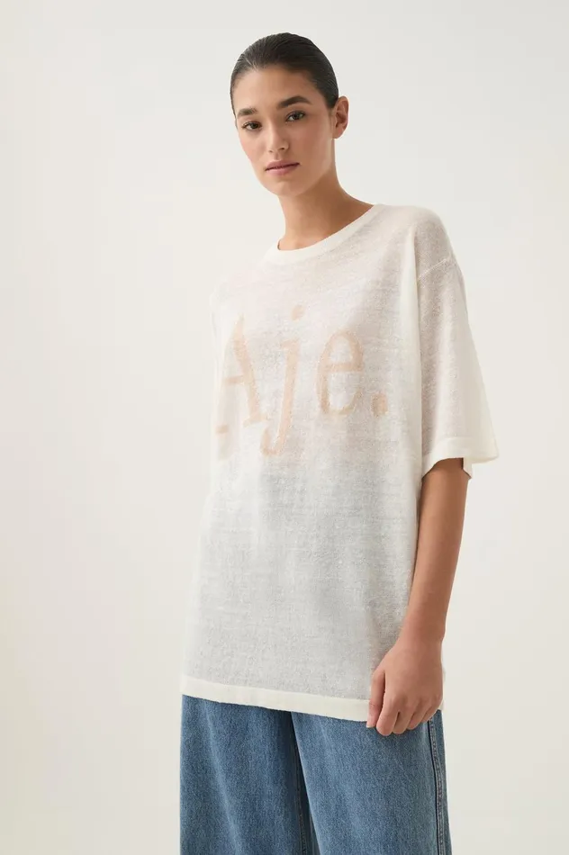 Elvira Oversized Linen Tee Ivorybeige Logo Women Aje Tees Elvira Oversized Linen Tee Ivorybeige Logo Women Aje Tees