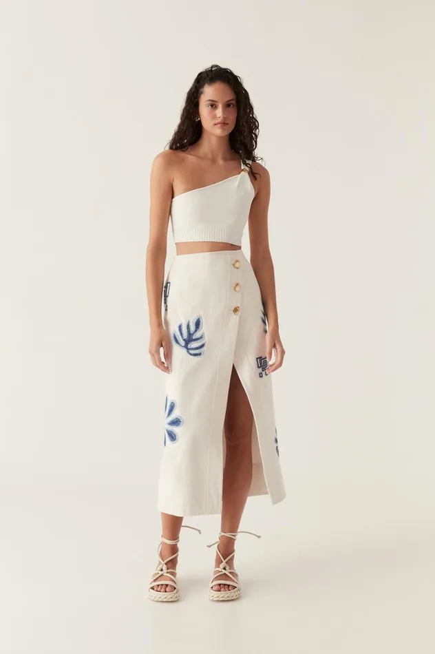 Esprit Embroidered Midi Skirt Ivoryblue Women Aje Skirts