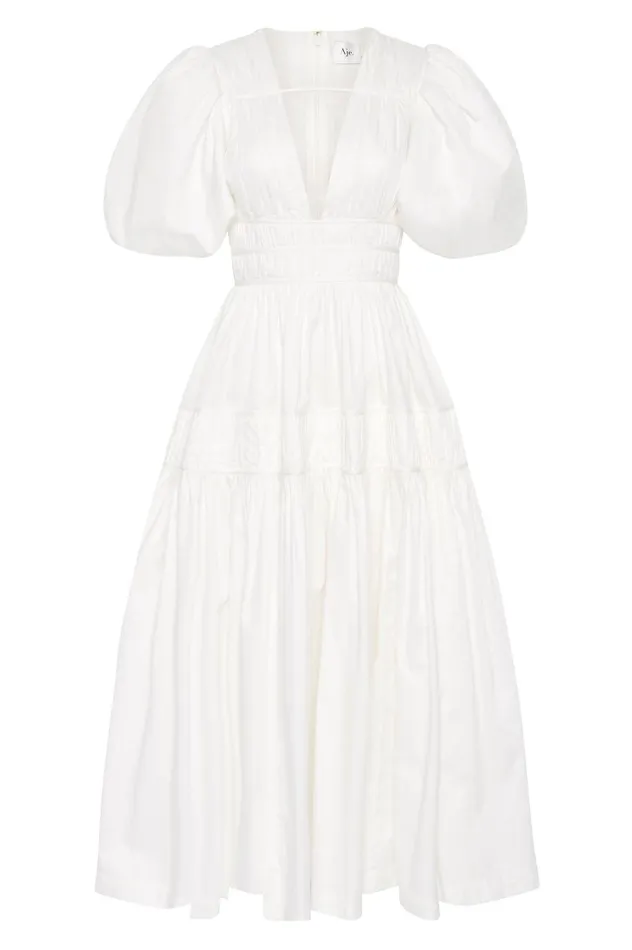Fallingwater Ruched Midi Dress Ivory Women Aje Dresses Fallingwater Ruched Midi Dress Ivory Women Aje Dresses