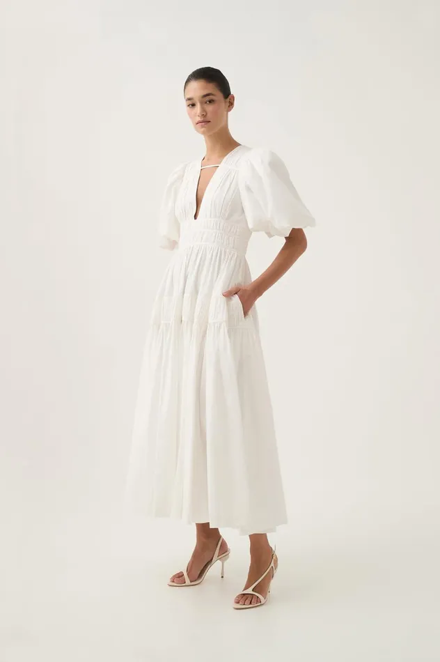 Fallingwater Ruched Midi Dress Ivory Women Aje Dresses Fallingwater Ruched Midi Dress Ivory Women Aje Dresses