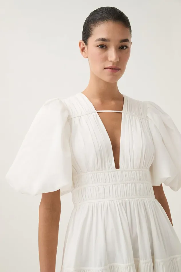 Fallingwater Ruched Midi Dress Ivory Women Aje Dresses Fallingwater Ruched Midi Dress Ivory Women Aje Dresses