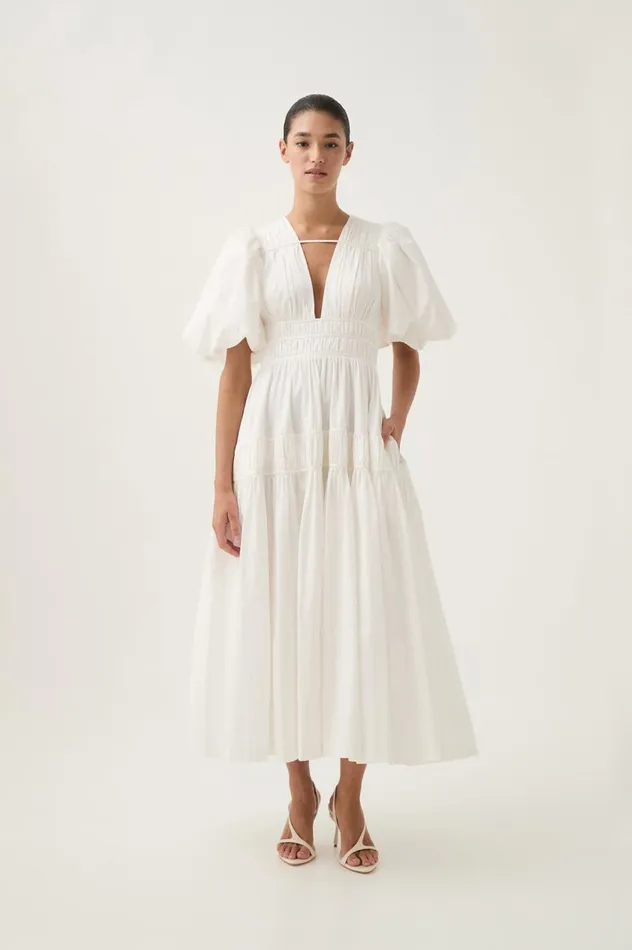 Fallingwater Ruched Midi Dress Ivory Women Aje Dresses Fallingwater Ruched Midi Dress Ivory Women Aje Dresses