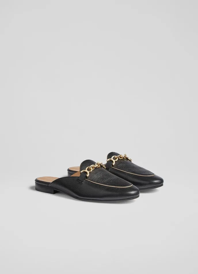 Flats Women LKBennett Eve Black Leather Backless Loafers Black Flats Women LKBennett Eve Black Leather Backless Loafers Black