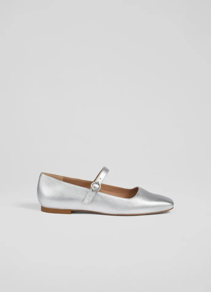 Flats Women LKBennett Willow Silver Leather Mary Jane Flats Silver
