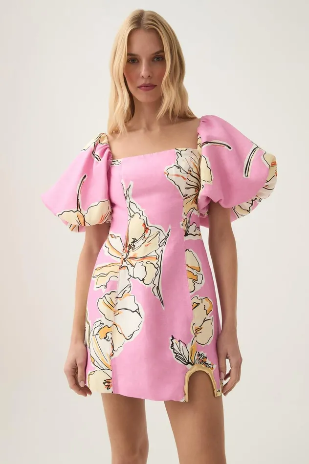 Flourish Mini Dress Pink Hibiscus Women Aje Dresses Flourish Mini Dress Pink Hibiscus Women Aje Dresses