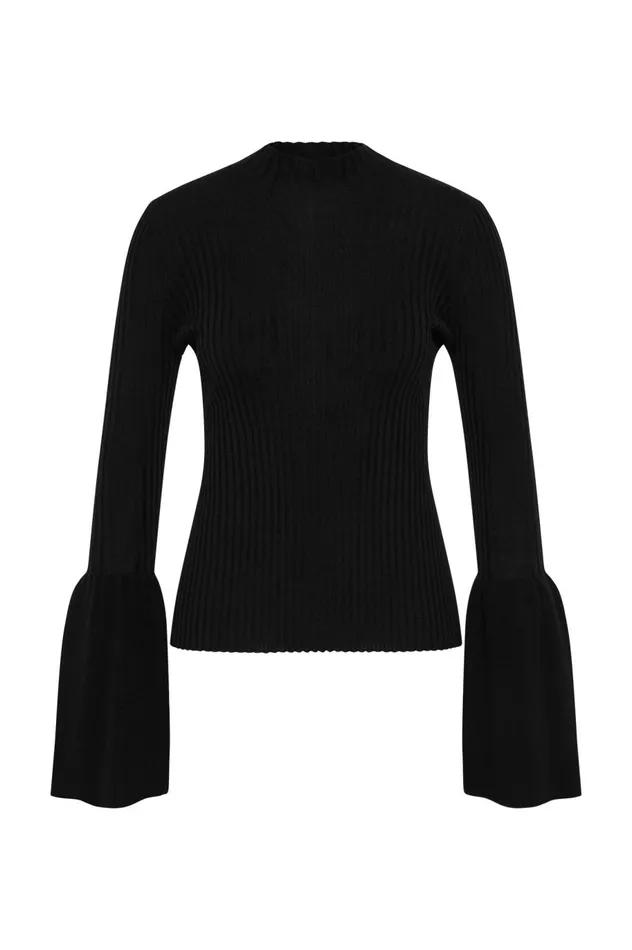 Flute Bell Sleeve Knit Top Black Women Aje Knitwear and Jumpers Flute Bell Sleeve Knit Top Black Women Aje Knitwear and Jumpers