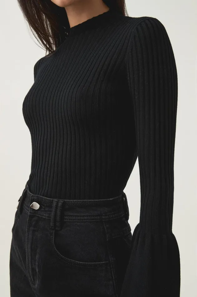 Flute Bell Sleeve Knit Top Black Women Aje Knitwear and Jumpers Flute Bell Sleeve Knit Top Black Women Aje Knitwear and Jumpers