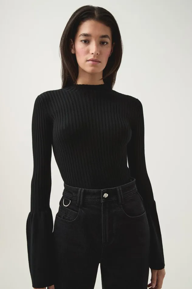 Flute Bell Sleeve Knit Top Black Women Aje Knitwear and Jumpers Flute Bell Sleeve Knit Top Black Women Aje Knitwear and Jumpers