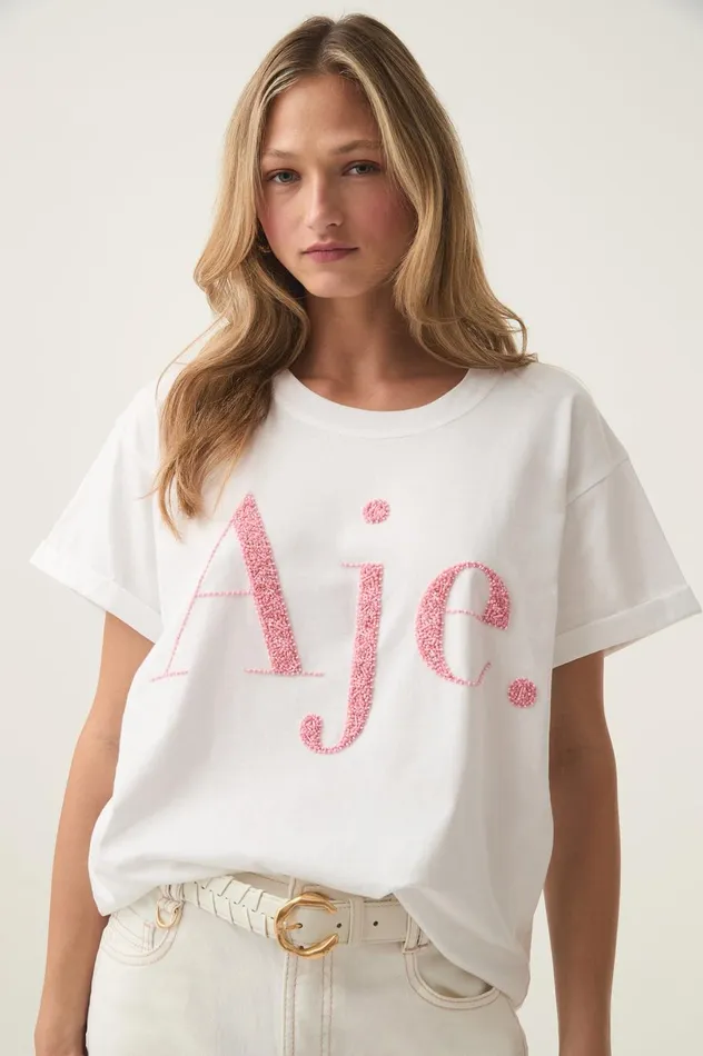 Fondness Embellished Logo Tee Whitesunrise Pink Logo Women Aje Tees