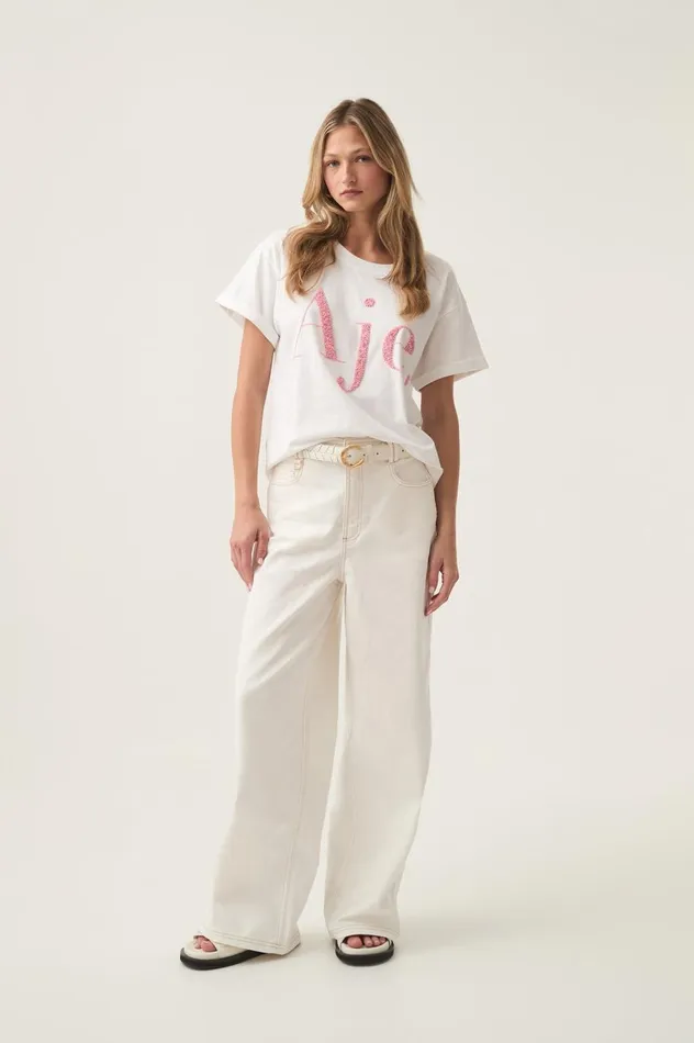 Fondness Embellished Logo Tee Whitesunrise Pink Logo Women Aje Tees Fondness Embellished Logo Tee Whitesunrise Pink Logo Women Aje Tees