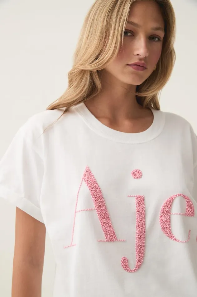 Fondness Embellished Logo Tee Whitesunrise Pink Logo Women Aje Tees Fondness Embellished Logo Tee Whitesunrise Pink Logo Women Aje Tees