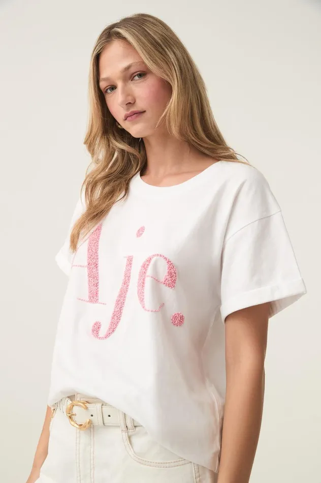 Fondness Embellished Logo Tee Whitesunrise Pink Logo Women Aje Tees Fondness Embellished Logo Tee Whitesunrise Pink Logo Women Aje Tees