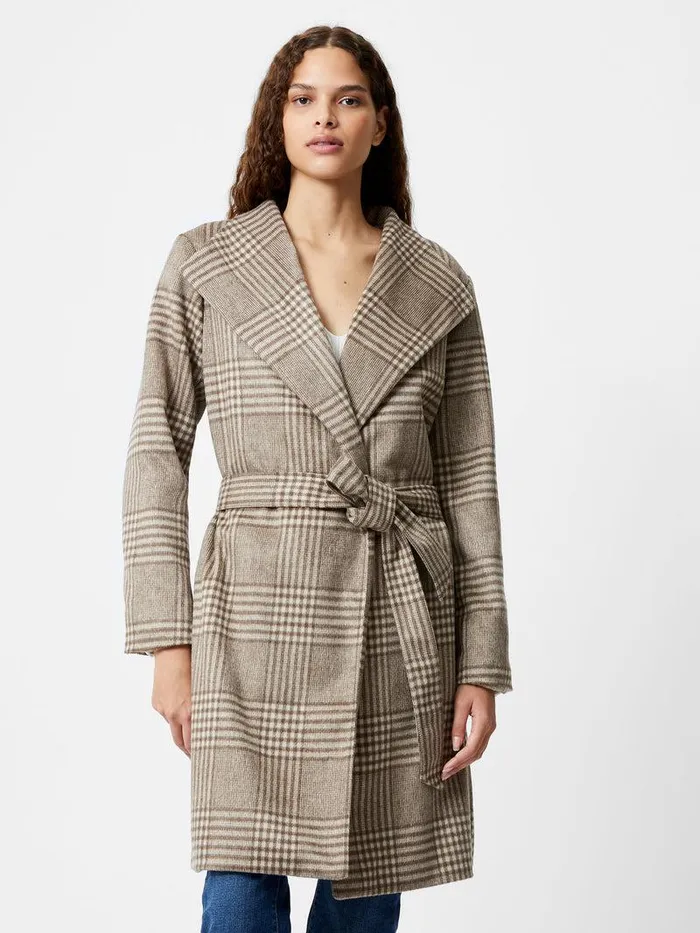 French Connection Coats and Jackets Woman Check Belted Wrap Coat Lt Camel