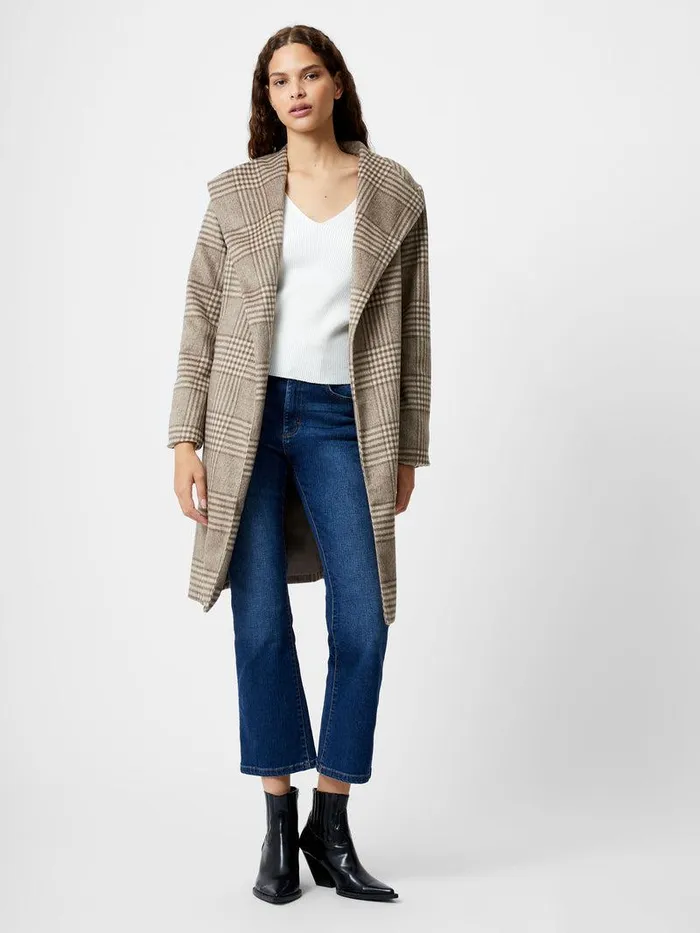 French Connection Coats and Jackets Woman Check Belted Wrap Coat Lt Camel