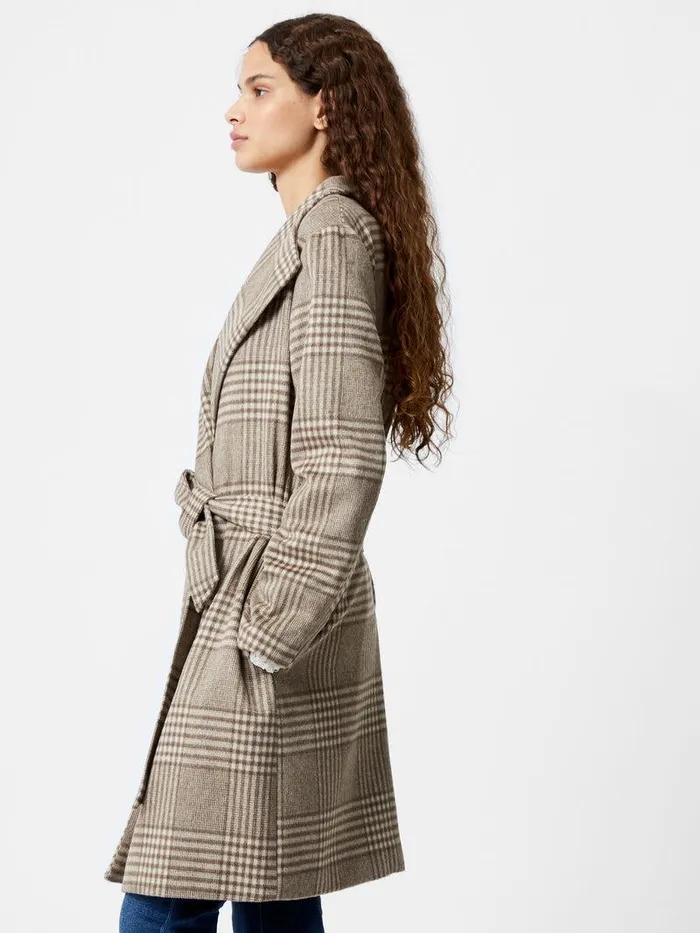 French Connection Coats and Jackets Woman Check Belted Wrap Coat Lt Camel