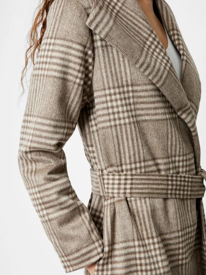 French Connection Coats and Jackets Woman Check Belted Wrap Coat Lt Camel