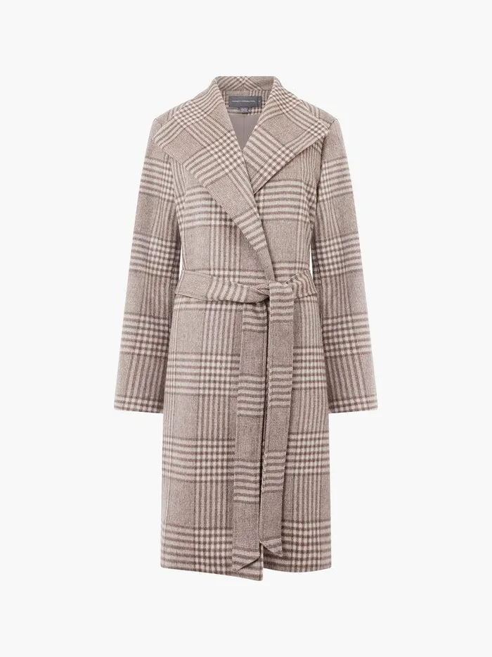 French Connection Coats and Jackets Woman Check Belted Wrap Coat Lt Camel