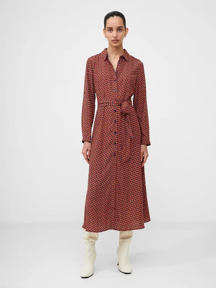 French Connection Dresses Woman Abstract Belted Midi Shirt Dress Orange