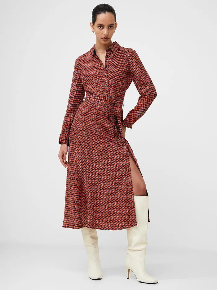French Connection Dresses Woman Abstract Belted Midi Shirt Dress Orange