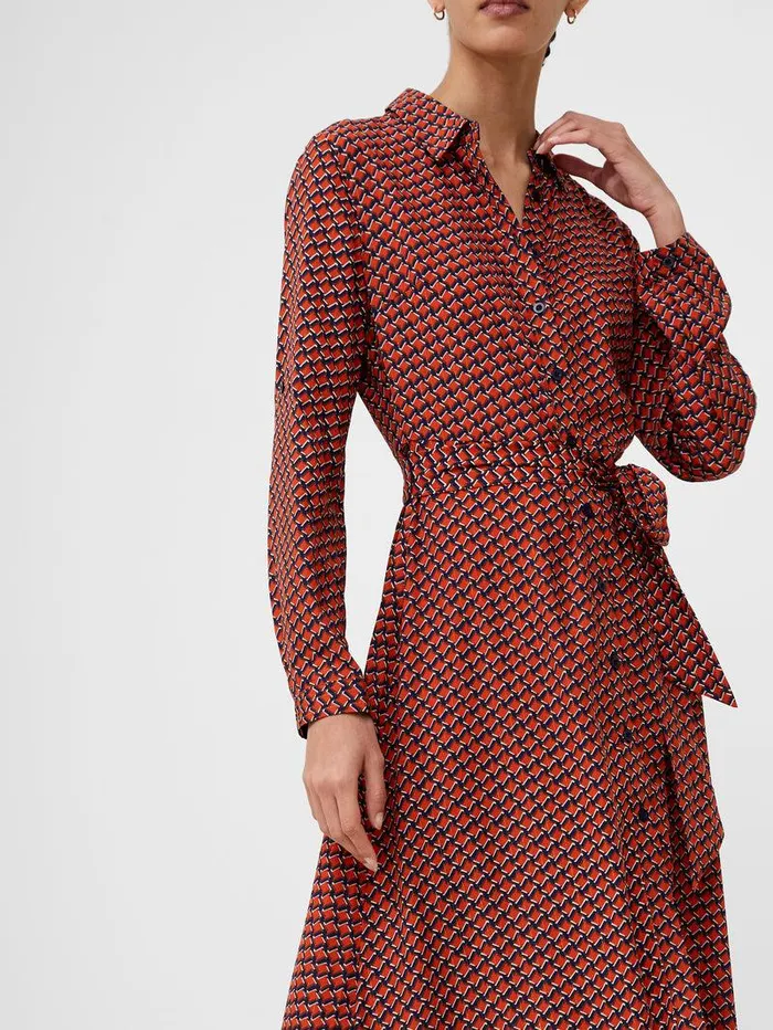 French Connection Dresses Woman Abstract Belted Midi Shirt Dress Orange