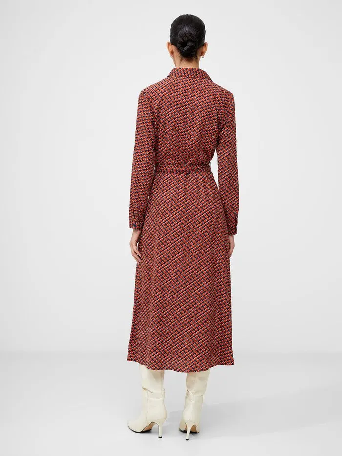 French Connection Dresses Woman Abstract Belted Midi Shirt Dress Orange