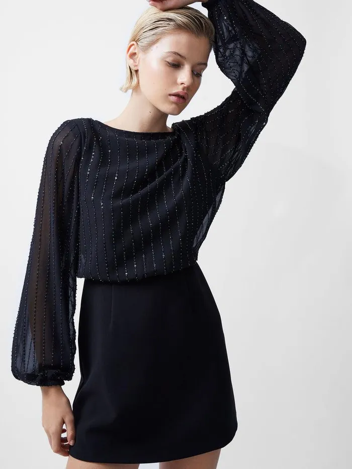 French Connection Dresses Woman Effy Sequin Slash Neck Long Sleeve Dress Blackout Multi