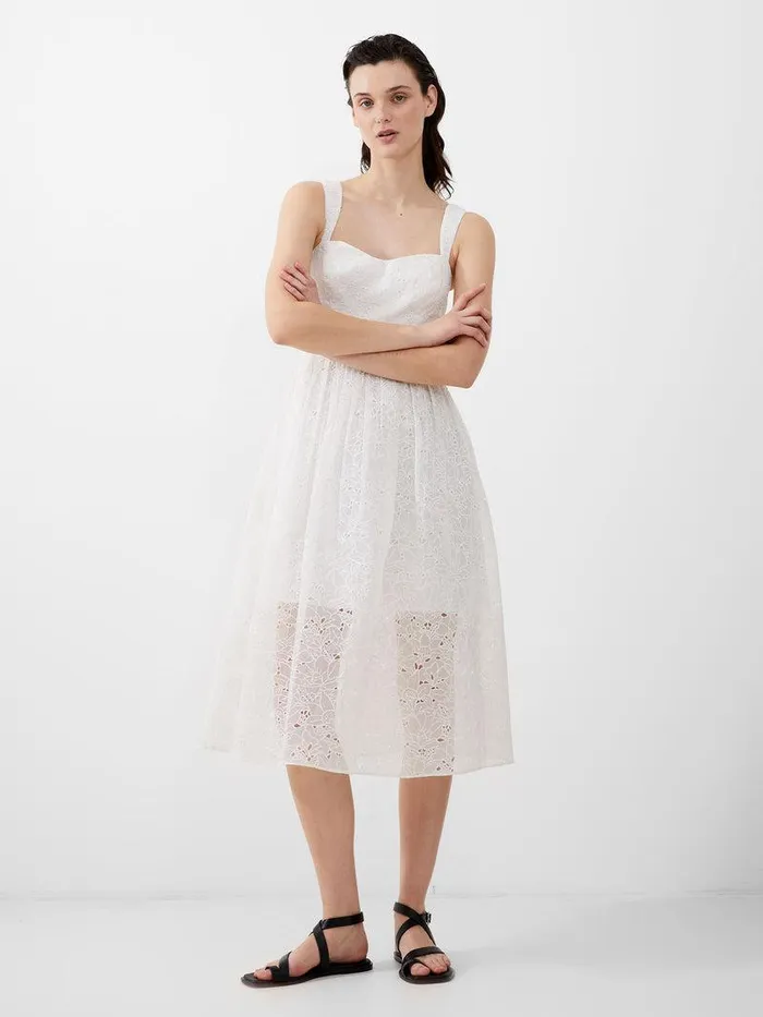French Connection Dresses Woman Embroidered Lace Strappy Dress Summer White