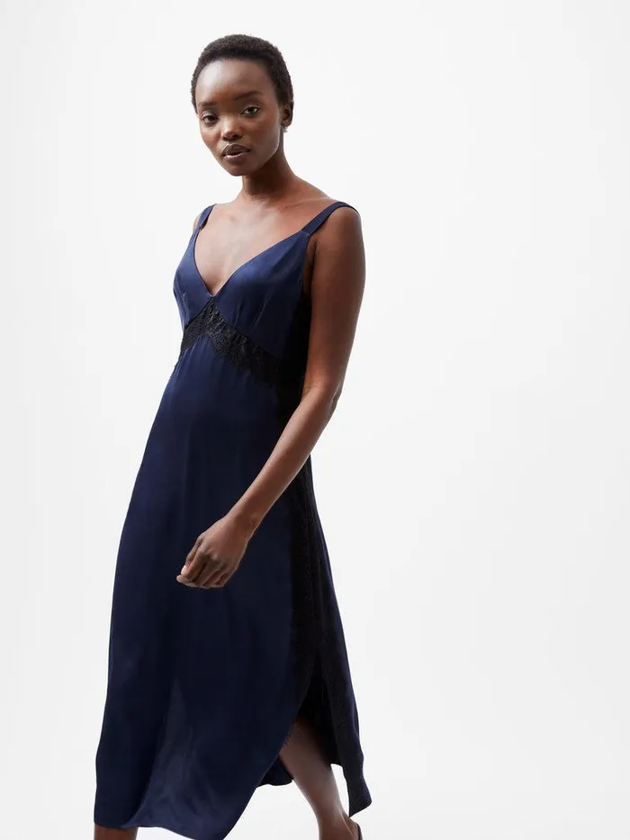 French Connection Dresses Woman Ennis Eco Satin Lace Dress Marineblack