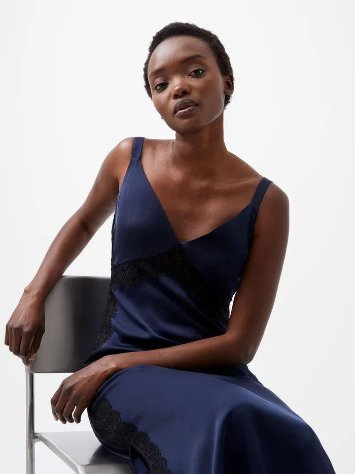 French Connection Dresses Woman Ennis Eco Satin Lace Dress Marineblack