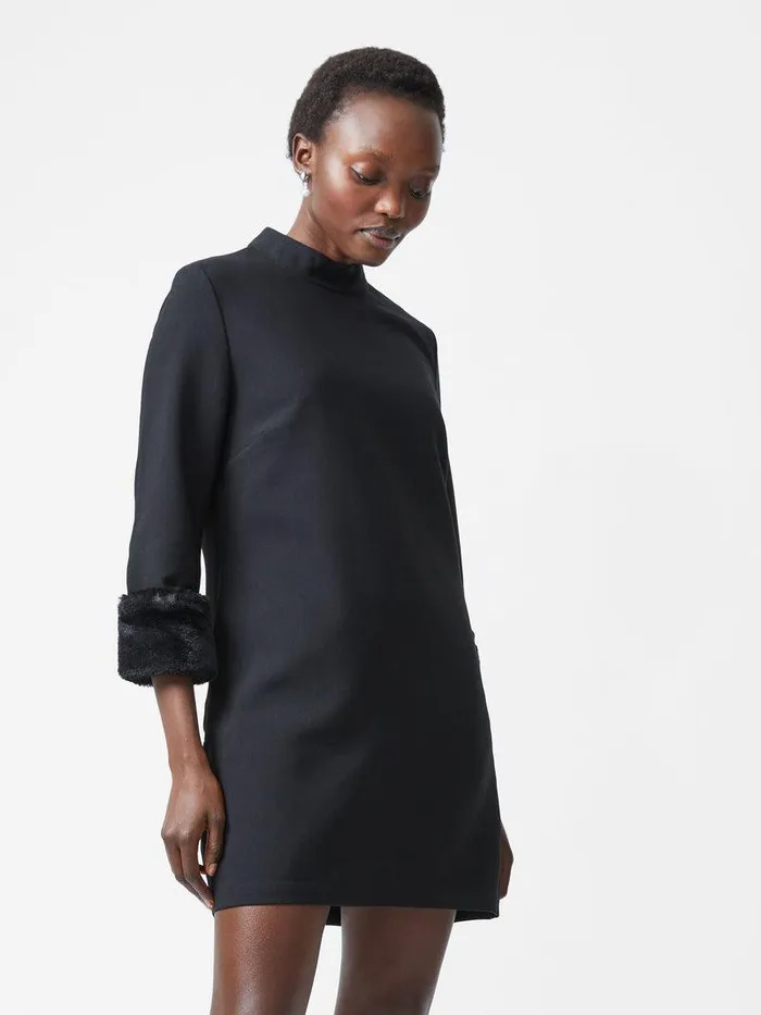 French Connection Dresses Woman Luxe Faux Fur Three Quarter Sleeve Cuffs Mini Dress Black