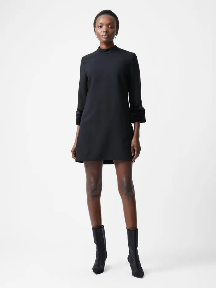 French Connection Dresses Woman Luxe Faux Fur Three Quarter Sleeve Cuffs Mini Dress Black