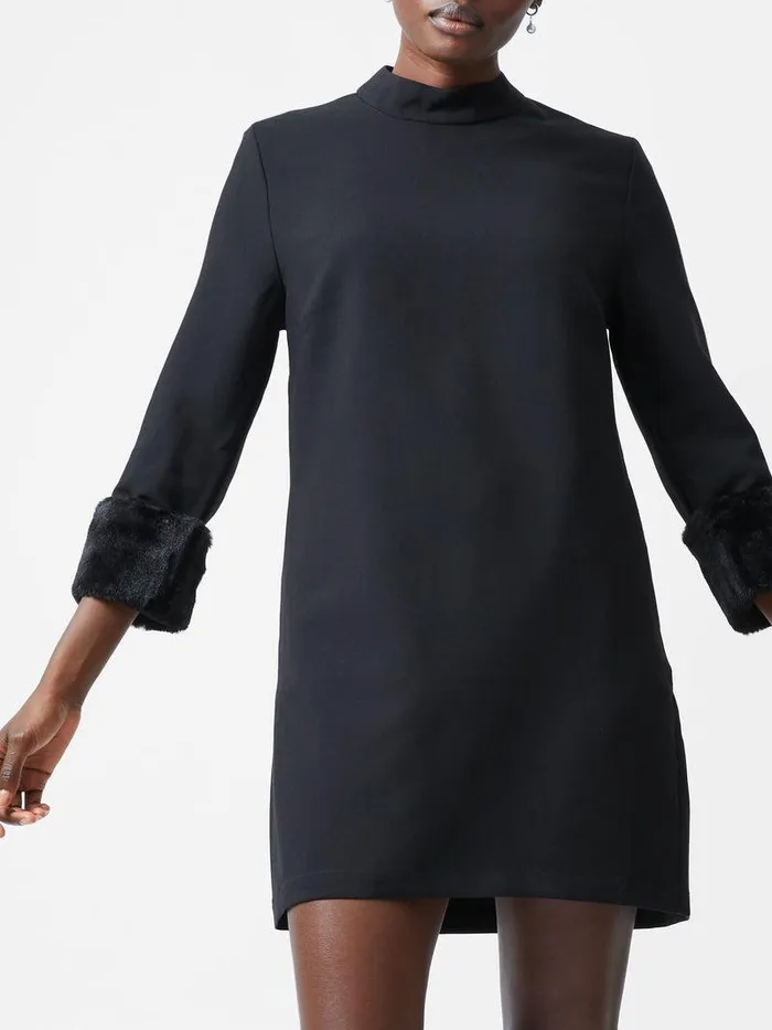 French Connection Dresses Woman Luxe Faux Fur Three Quarter Sleeve Cuffs Mini Dress Black