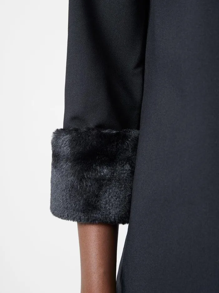 French Connection Dresses Woman Luxe Faux Fur Three Quarter Sleeve Cuffs Mini Dress Black
