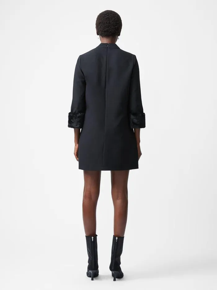 French Connection Dresses Woman Luxe Faux Fur Three Quarter Sleeve Cuffs Mini Dress Black