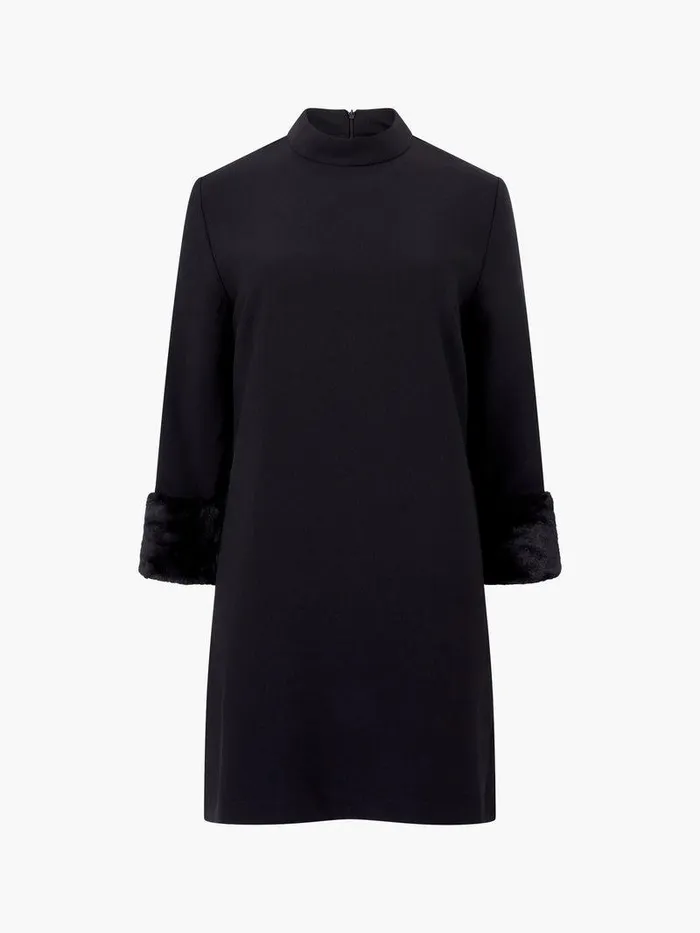 French Connection Dresses Woman Luxe Faux Fur Three Quarter Sleeve Cuffs Mini Dress Black