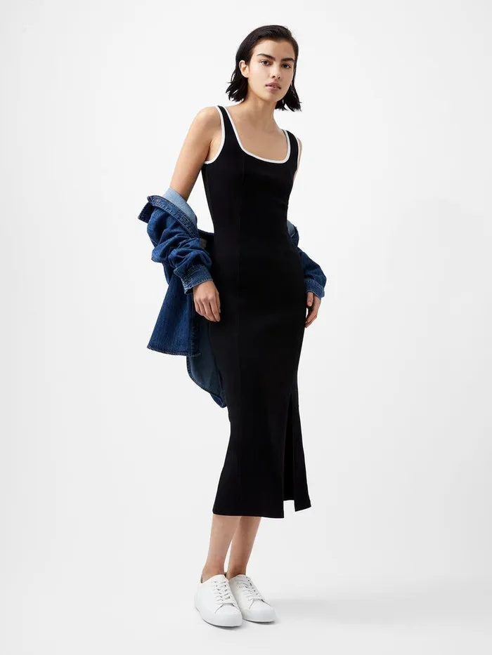 French Connection Dresses Woman Rassia Rib Contrast Square Neck Midi Dress Blackporcelain Crea
