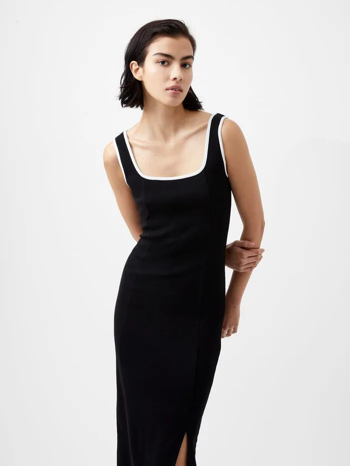 French Connection Dresses Woman Rassia Rib Contrast Square Neck Midi Dress Blackporcelain Crea
