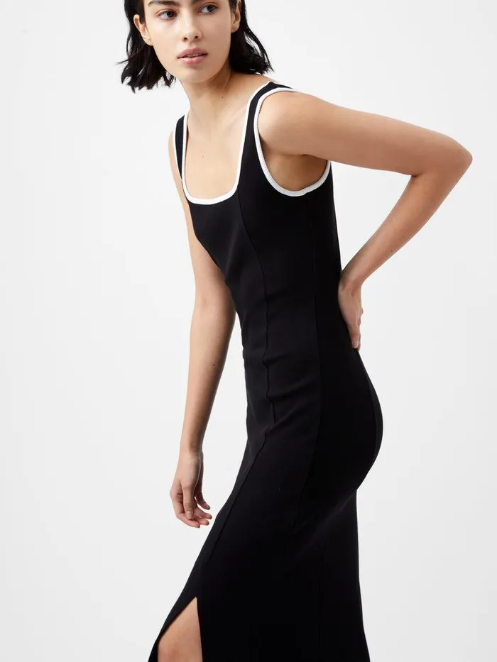 French Connection Dresses Woman Rassia Rib Contrast Square Neck Midi Dress Blackporcelain Crea