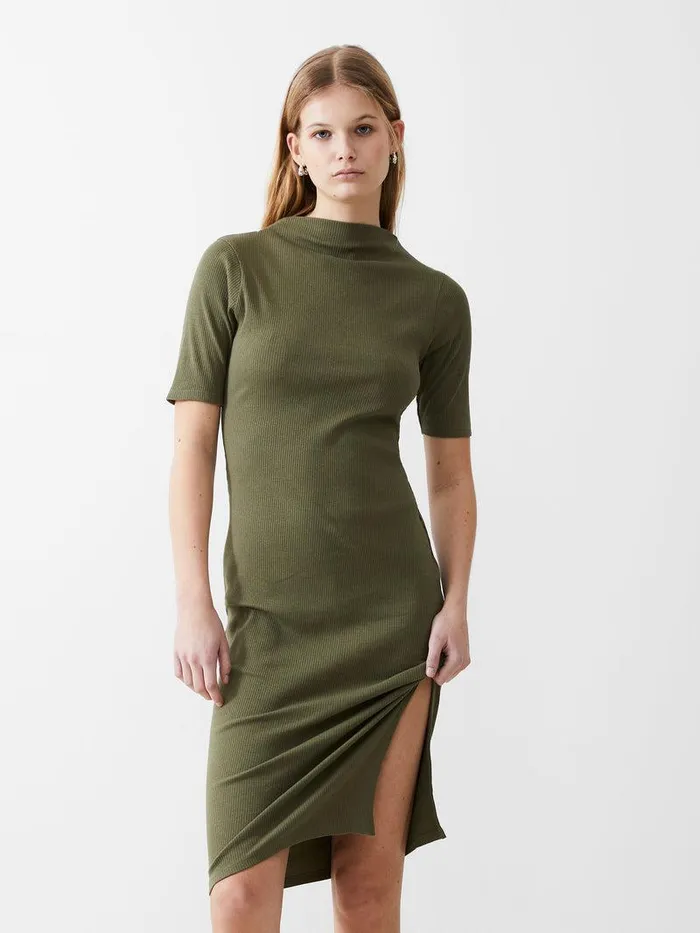 French Connection Dresses Woman Rib Turtle Neck Dress Khaki