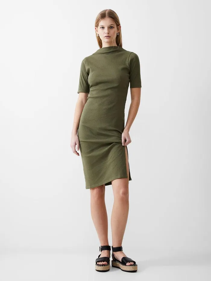 French Connection Dresses Woman Rib Turtle Neck Dress Khaki