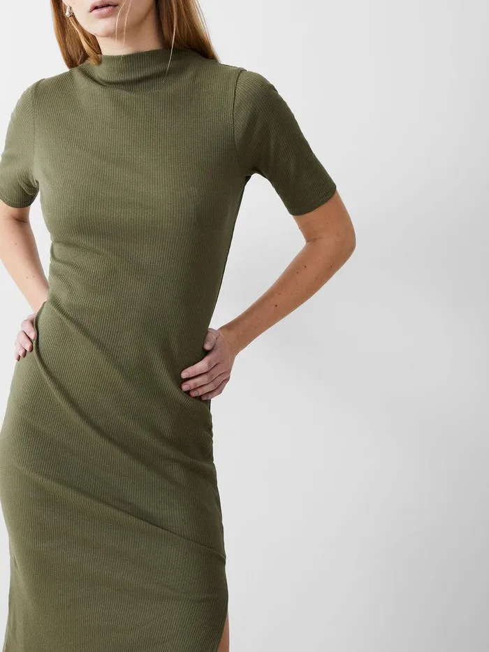 French Connection Dresses Woman Rib Turtle Neck Dress Khaki