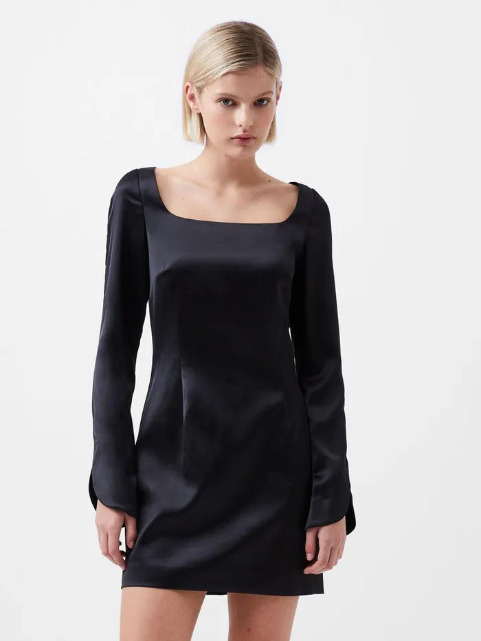 French Connection Dresses Woman Structured Satin Long Sleeve Scoop Neck Mini Dress Black