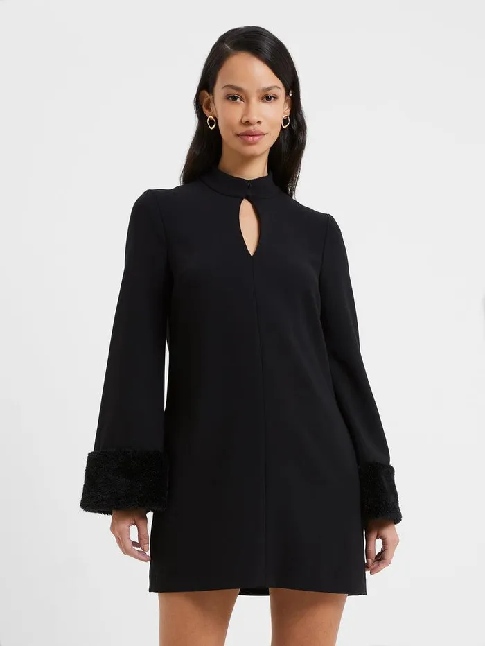 French Connection Dresses Woman Whisper Ruth Faux Fur Trim Mini Dress Blackout