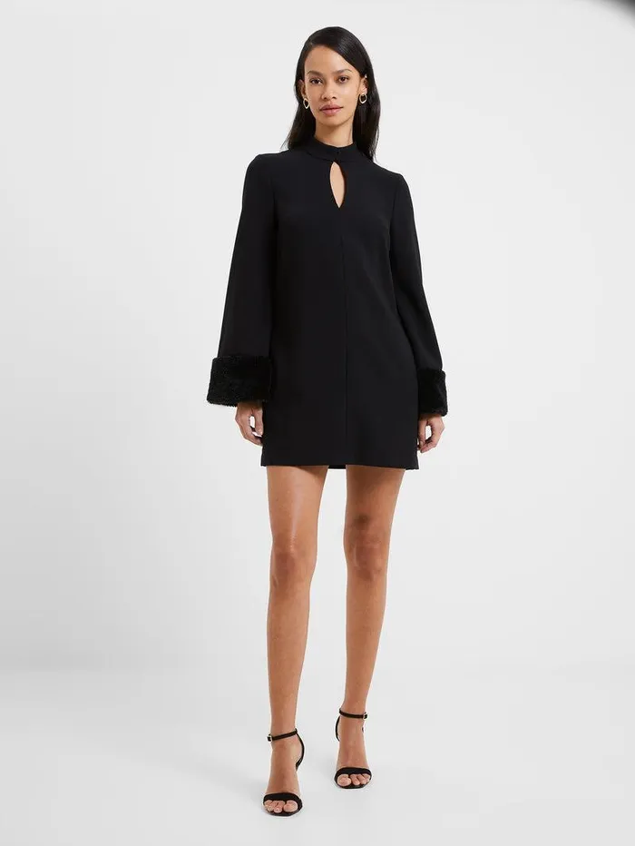 French Connection Dresses Woman Whisper Ruth Faux Fur Trim Mini Dress Blackout