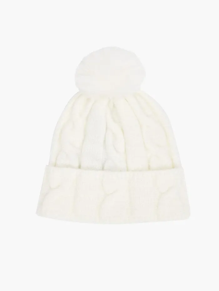 French Connection Hats Woman Cable Knit PomPom Beanie Winter White