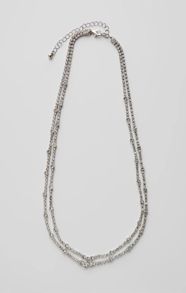 French Connection Jewellery Woman Double Row Diamante Necklace Silverdiamante