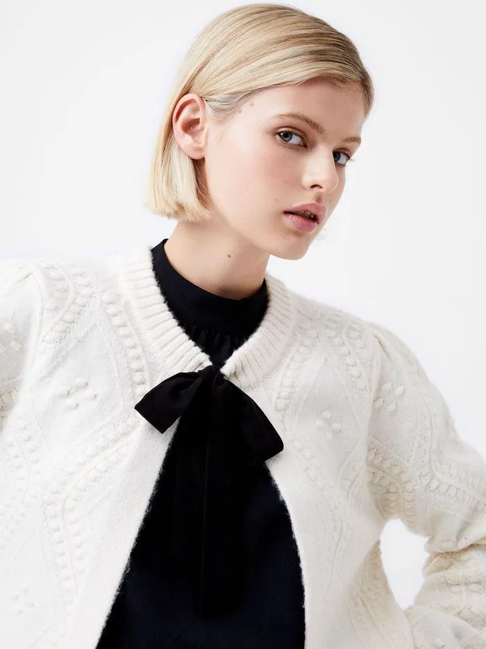French Connection Jumpers and Cardigans Woman Kitty Recycled Bobble Bow Cardigan Winter White
